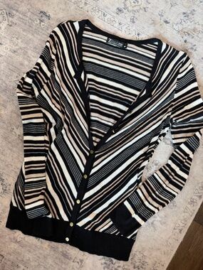 New York & Company Striped V-Neck Cardigan - Black, Cream, Brown